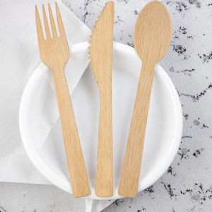 Ensemble de couverts jetables biodégradables en bambou de qualité alimentaire naturel, cuillère, fourchette, couteau pour les dîners modernes - Product Image 6