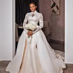 Custom Made Plus Size High Neck Long Sleeve Mermaid Lace Bridal Wedding Dresses With Removable Train