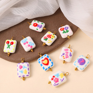 Colgante cuadrado pintado a mano con diseño de flor, fruta y signo de interrogación, accesorios de joyería DIY para la elaboración de collares. - Product Image 2