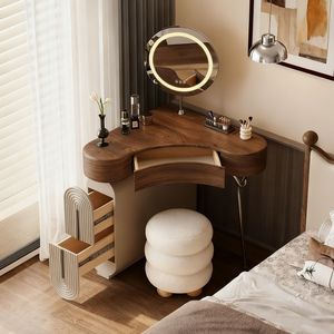 Table de toilette moderne avec miroir éclairé, coin triangulaire, bois massif, rangement intégré, petit appartement, chambre à coucher - Product Image 3