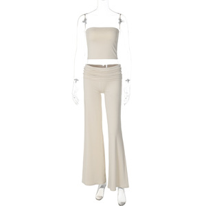 Completo Estivo da Donna con Top Corto e Pantaloni a Zampa, Set Due Pezzi Tinta Unita, Tuta Sportiva - Product Image 5