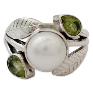Anillo de Perlas A056, Plata 925, Perla Blanca Redonda AAA, Engaste de Bisel, Anillo de Cóctel con Diseño Floral, Unisex, para Uso Diario - Product Image 2