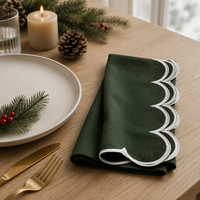 Serviettes en tissu de Noël blanches à bordure festonnée brodée, réutilisables, lavables, rouge, vert foncé, pour la table de dîner des fêtes