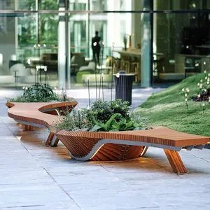 パラメトリックアートスライス木製植木鉢椅子金属フレームカスタマイズされた屋外商業家具現代美術プランターと椅子