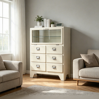 Lemari Laci Logam Retro Vintage 6 Laci Kabinet Penyimpanan Baja dengan 1 Pintu Kaca Modern Meja Rias Kamar Tidur Sideboard