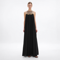 Nouvelle Robe de Soirée Longue Femme Élégante Noire à Bretelles Fines, Motif Géométrique Ajouré, Plissée et Fluide, Coupe Évasée Personnalisée