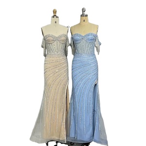 Abito da Sera Lungo da Donna Sexy ed Elegante <span class=keywords><strong>con</strong></span> Spalle Scoperte, Nappe e Perline per Ballo di Fine Anno - Product Image 1