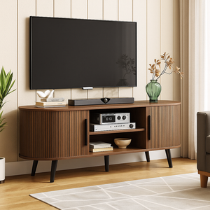 Modern Mid Century Farmhouse Eco-Friendly <strong>Walnut</strong> Finish Fluted <strong>TV</strong> Cabinet <strong>Stand</strong> Storage Wood Legs Doors Living Home Furniture - Product Image 1
