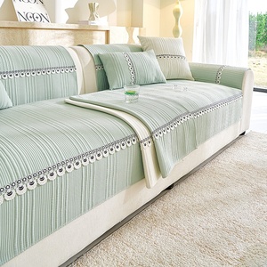 Sarung Bantal <span class=keywords><strong>Sofa</strong></span> Rajut Motif Garis Vertikal Gaya Krim, Sejuk untuk Musim Panas, Bahan Bernapas Ramah Kulit, Anti Selip, Anti Goresan Kucing - Product Image 2