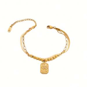 Fashionable Double-Layer Stainless Steel Bracelet 18K Gold Plated Square Pendant Trendy Design Does Not Fade <b>Charm</b> Bracelets - Product Image 2