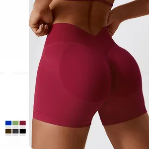 Toptan dikişsiz kısa tayt spor egzersiz şortu seksi spor spor giyim kadınlar derin V geri tasarım ezme popo Yoga şort