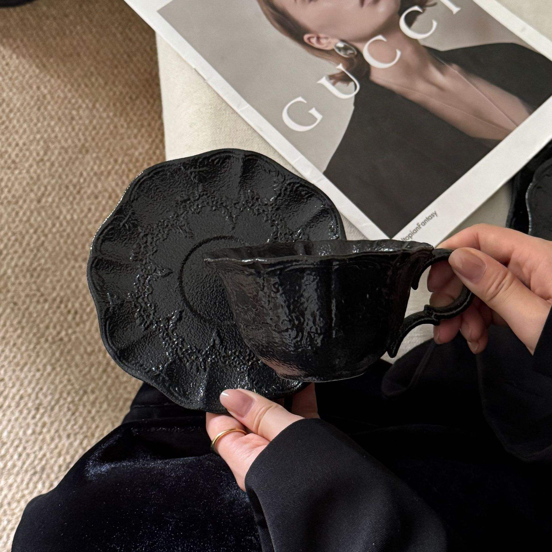 Matte black moonlight lace cups and plates