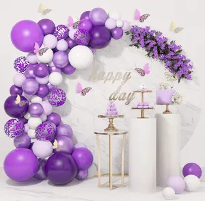 124 Pcs Purple Balloons Garland Arch Kit White Purple Confetti Latex Metallic Balloons with Paper Butterfly for Women Birthday