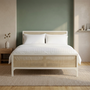 Cama Moderna de Lujo Francesa con Estructura de Madera Maciza de Caoba, Modelo Felicia, Diseño Pintado en Blanco Natural con Ratán, Tamaño King/Queen, para Hogar/Hotel - Product Image 2