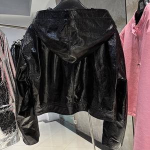 سترة جلدية لامعة بغطاء رأس حقيقي من جلد الغنم للنساء سترة من جلد الغنم الأصلي للنساء - Product Image 4