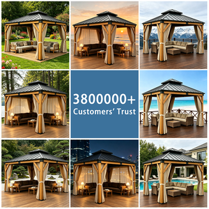 Gazebo in Legno di Cedro per Esterni con Tende Laterali, Tetto in Metallo a Doppio Livello Impermeabile, Tettoia per Patio - Product Image 3