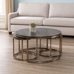 Ensemble de table basse ronde moderne avec cadre en métal doré et dessus en bois massif | Meubles de salon gigognes - Product Image 1