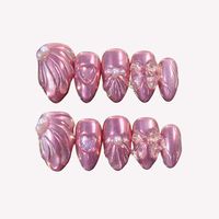 Faux ongles à presser en acrylique, forme amande, rose sirène aurore, avec motifs 3D coquillage, nœud, cœur et perle, pour rendez-vous, vacances, séances photo, fêtes et usage quotidien