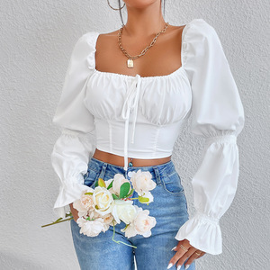Primavera/Verano Mujer Europea y Americana Blanco Puro Manga Larga Frente Pecho Encaje Espalda Abierta Sexy Cintura Envoltura Camisa - Product Image 4
