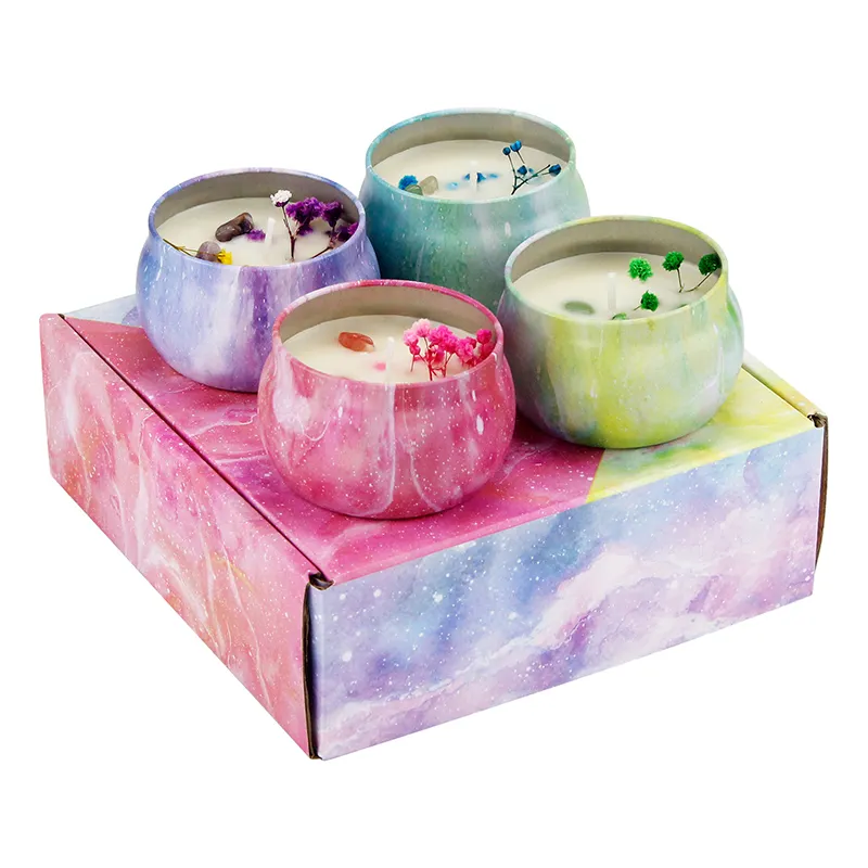 Decorative Aromatherapy Soy Wax Gift Set 4 Oz Tin Homemade Tea Floral Scented Candle With Crystals Stones And Flowers