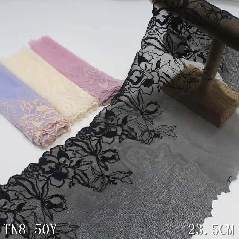 2023 nuovi disegni 24cm morbida maglia elastica ricamata in pizzo floreale per abito Lingerie