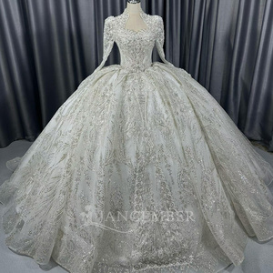 Lscm108 Modern Silver Long Sleeve Beaded Ball Gown Wedding Dress Sweetheart Neckline Chapel Train Floor-Length Feather <b>Sequin</b> - Product Image 5