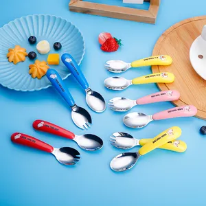 Toddler trẻ em nhựa xử lý thiết lập dao kéo bé thực phẩm xây dựng wuth hộp thép không gỉ ngã ba và Spoon Set