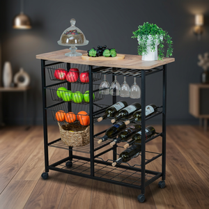 Kitchen Island Cart Rolling <b>Bar</b> Cart Wine Rack Cart Serving Trolley Metal <b>Utility</b> Cart Kitchen cart with wine glass holder - Product Image 6