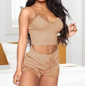 Ensembles décontractés pour jeunes femmes : caraco et short, lingerie sexy en jersey, sous-vêtements chauds, ensembles pyjama 2 pièces sexy (soutien-gorge et culotte), vêtements de nuit à rayures et dentelle - Product Image 5