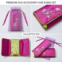 Pochette de voyage pliable en satin brodé de fleurs, mini sac à bijoux avec fermeture éclair, motif fleur de prunier, sac de rangement en maille pour femme