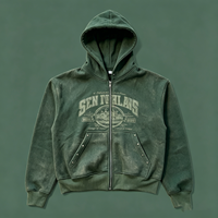 Sweat à capuche zippé pour homme, délavé vintage, vert délavé soleil, imprimé graphique, en coton épais, style streetwear, fournisseur en gros