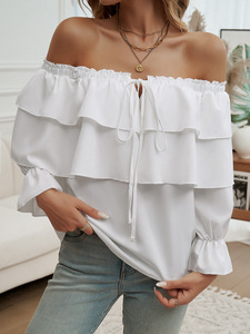 Blusas de señora Nuevas camisas vintage con volantes al por mayor para damas Top negro con hombros descubiertos - Product Image 4
