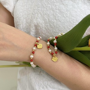 Yinruitai S925 Sterling Silver Pearl <b>Bracelet</b> With Red <b>Beads</b> And Gold Shield Charm For Women Everyday Wear - Product Image 4