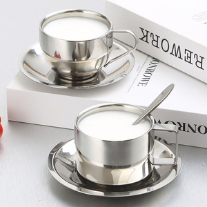 304 Stainless Steel Coffee Cup Double Layer Insulated Saucer Set For Baby Kids Milk Tea - Product Image 1