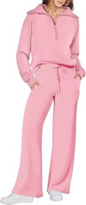 Yeni varış Loungewear kadın 2 parça eşofman takımı rahat kazak kıyafeti geniş bacak pantolon ile pantolon seti fermuar spor Hoodie - Product Image 2