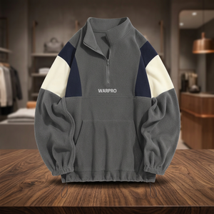 Sudadera de Forro Polar para Hombre, Estilo Retro con Paneles en Contraste, Cierre de Cremallera de Cuarto, Corte Holgado, Cálida, Informal, para Invierno, con Bolsillo Canguro - Product Image 5