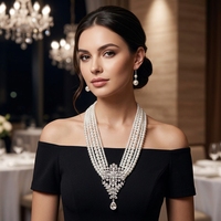 Parure de bijoux de luxe vintage en fausses perles multicouches, collier et boucles d'oreilles, avec pendentif goutte d'eau en strass étincelant, en argent