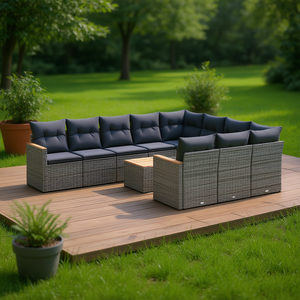 Conjunto de Sofás de Jardín de Ratán Gris para 10 Personas, Muebles de Exterior Resistentes a la Intemperie, Diseño Contemporáneo, Estructura de Madera de Teca - Product Image 2