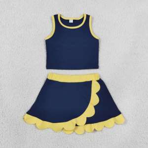 GSD4111 RTS Ensemble décontracté pour petite fille, motif à carreaux bleu marine, bordure festonnée dorée, ensemble sans manches, jupe et ensemble de yoga, vente en gros pour enfants - Product Image 2