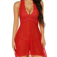 Lingerie Seksi Transparan Eropa Amerika Terbaru, Baju Tidur Wanita Berbahan Jala Tipis dengan Kerah Halter, Set Erotis