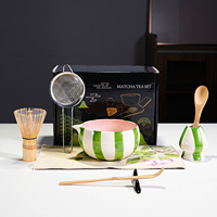 Accessoires et outils durables pour le matcha, bols en céramique peints à rayures colorées, fouet à matcha, coffret cadeau avec bec verseur