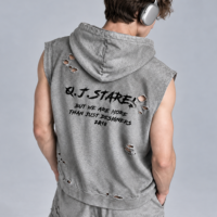 Hoodie sans manches zippé pour homme, personnalisé, effet délavé, déchiré, imprimé graphique, coupe oversize, marque privée