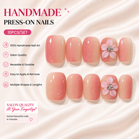 10 faux ongles courts carrés rose ombré faits à la main avec fleurs 3D, en acrylique, vente en gros