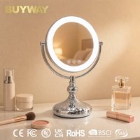 Miroir de maquillage rond chromé avec anneau lumineux intégré, support inclinable en U, miroir de vanité LED de table avec base taillée en diamant