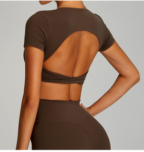 Women Breathable Twist Front Deep V Crop Yoga Top Hollow Back Short Sleeve Built Padded <b>Bra</b> Workout Sports Tee - Product Image 2