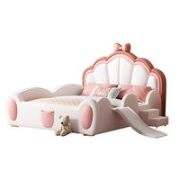 Lit princesse moderne pour enfants avec toboggan, style château de rêve, cadre en bois massif, cuir véritable, arc rose, garde-corps, modèle 017, fabriqué en Chine