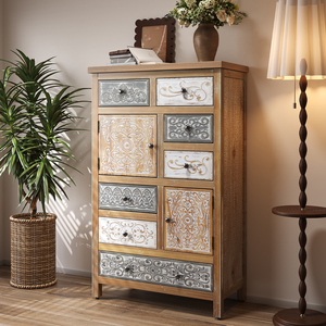 Vintage Tall Wooden Accent Cabinet 7 <b>Drawers</b> 2 Doors Rustic Multicolor Carved <b>Storage</b> Chest for Living Room Bedroom - Product Image 2