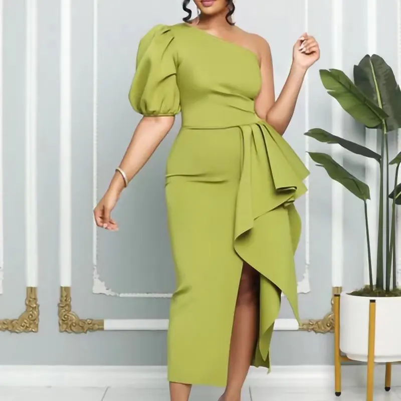 New Elegant Puff Sleeve One Shoulder Slit Dresses Fashion Plus Size Women Dresses