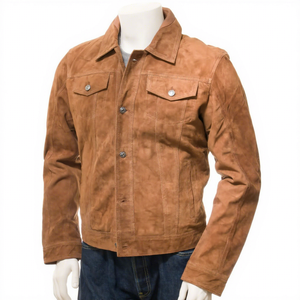<b>Mens</b> Real <b>Suede</b> Leather Trucker <b>Jacket</b> Tan Button Flap Chest Pockets Sheepskin Cognac Coat Western Custom Vintage Winter Outer - Product Image 1
