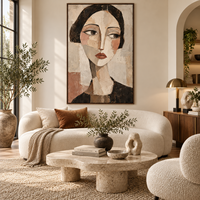 Tableau mural abstrait sur toile : Portrait de femme texturé, peinture cubiste du visage, décor neutre pour salon, chambre, hôtel